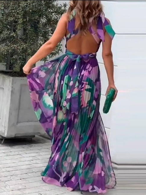 Boho Pleated V Neck Backless Maxi Dress (Buy 2 Free Shipping)