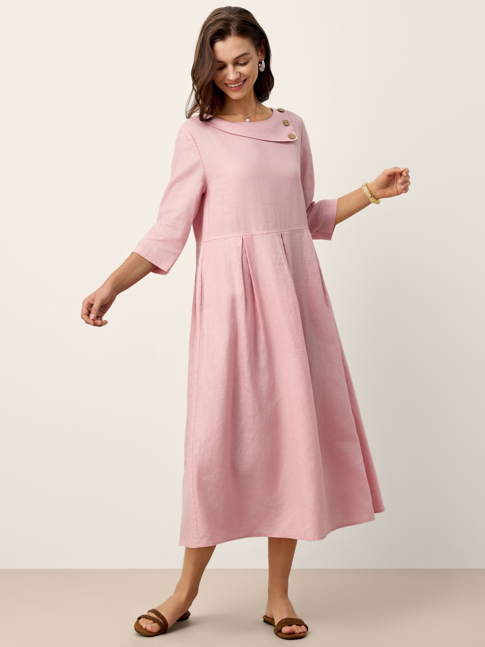 Elegant Button Detail Pleated Midi Dress (Buy 2 Free Shipping)