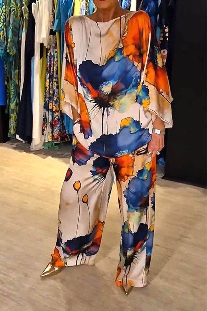 Elegant Watercolor Floral Print Loose Fit Two-Piece Set (Buy 2 Free Shipping)