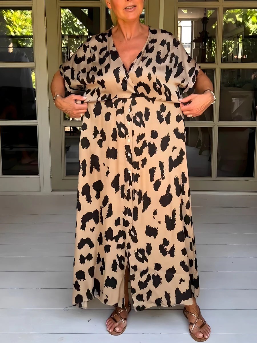 Leopard Print V-Neck Short Sleeve Pocket Maxi Dress