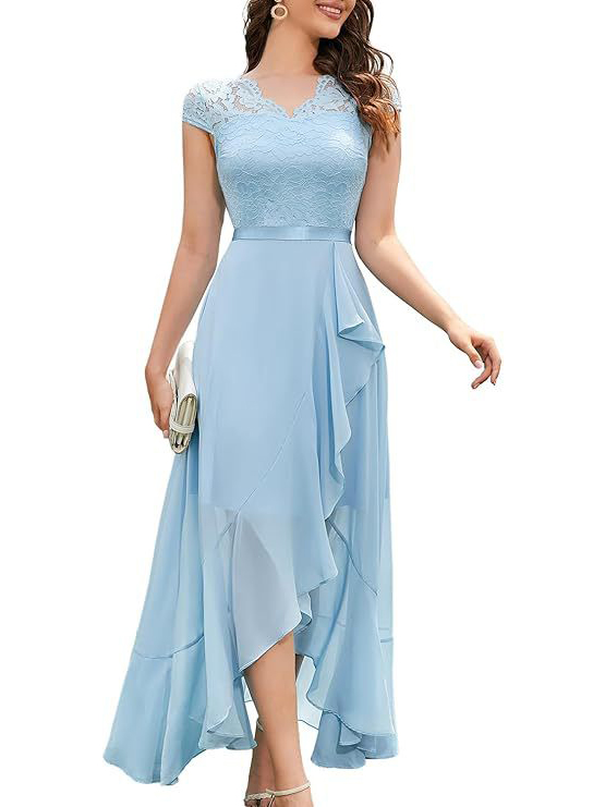 Elegant Lace High Low Chiffon Ruffle Hem Dress