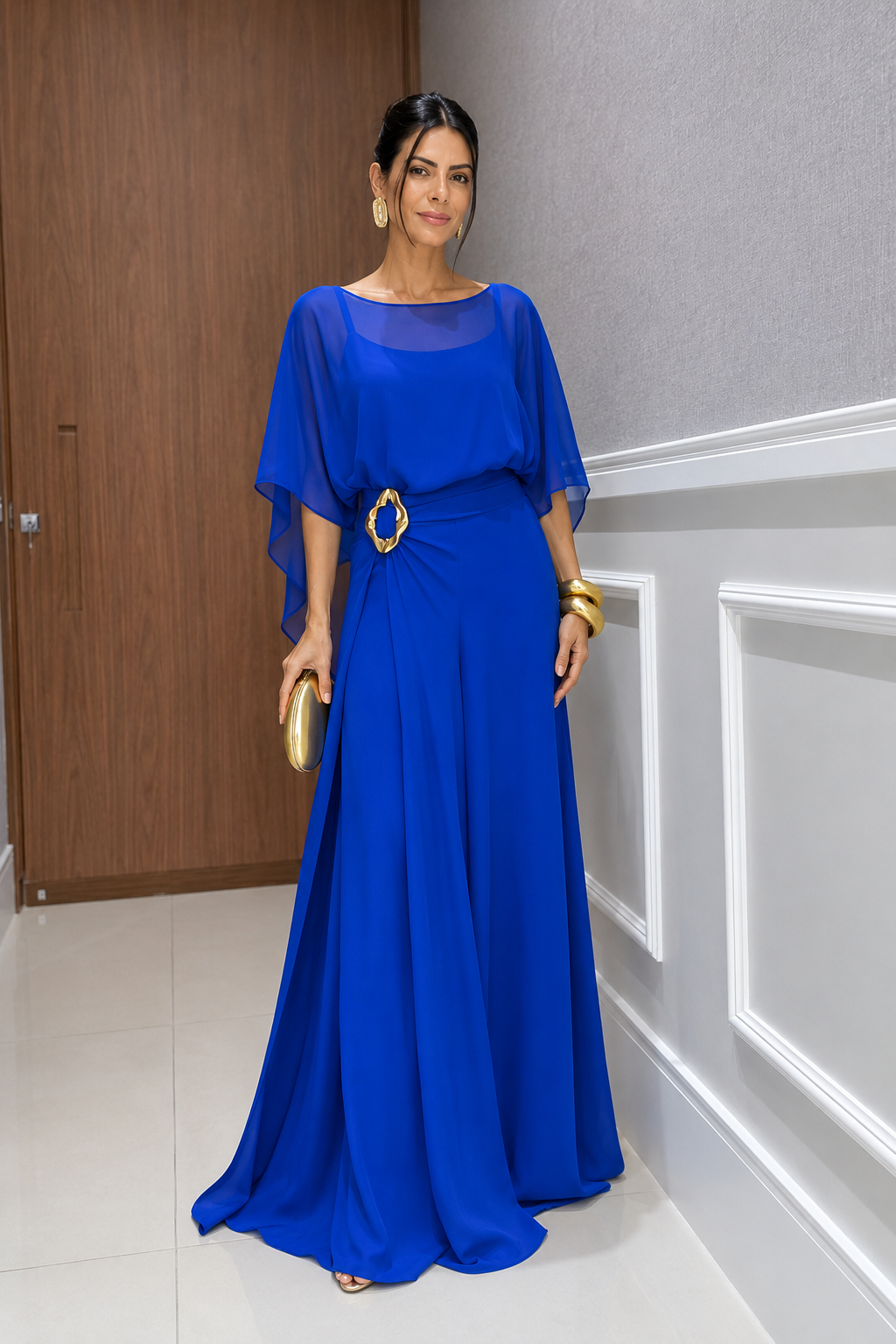 Elegant Cape Top and Draped Skirt-Pant Set
