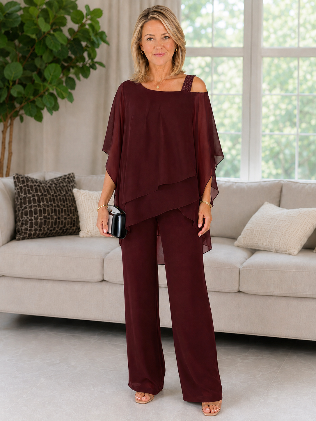 Elegant Asymmetrical Layered Cape Top & Wide-Leg Pants Two-Piece Set