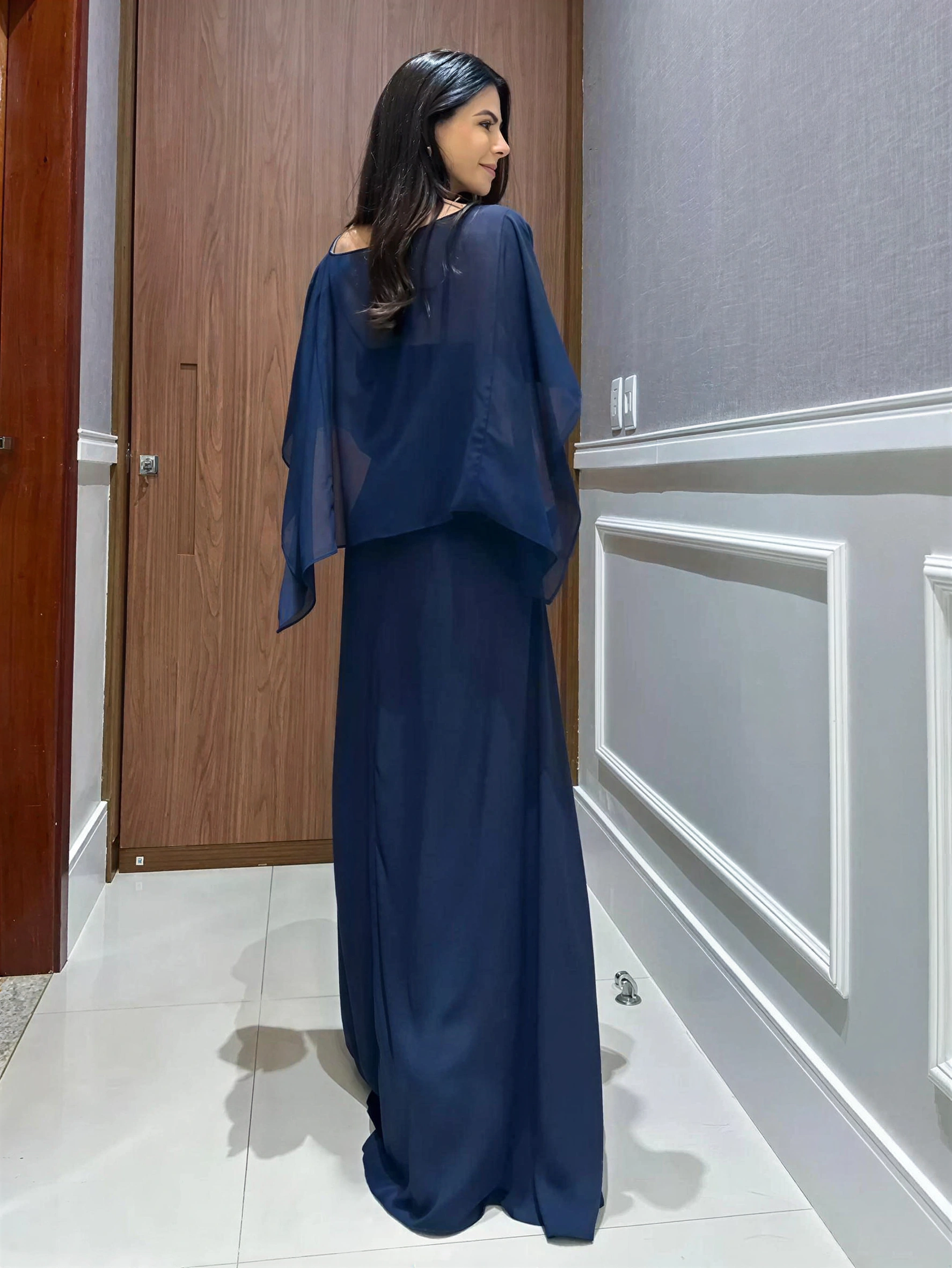 Elegant Cape Top and Draped Skirt-Pant Set