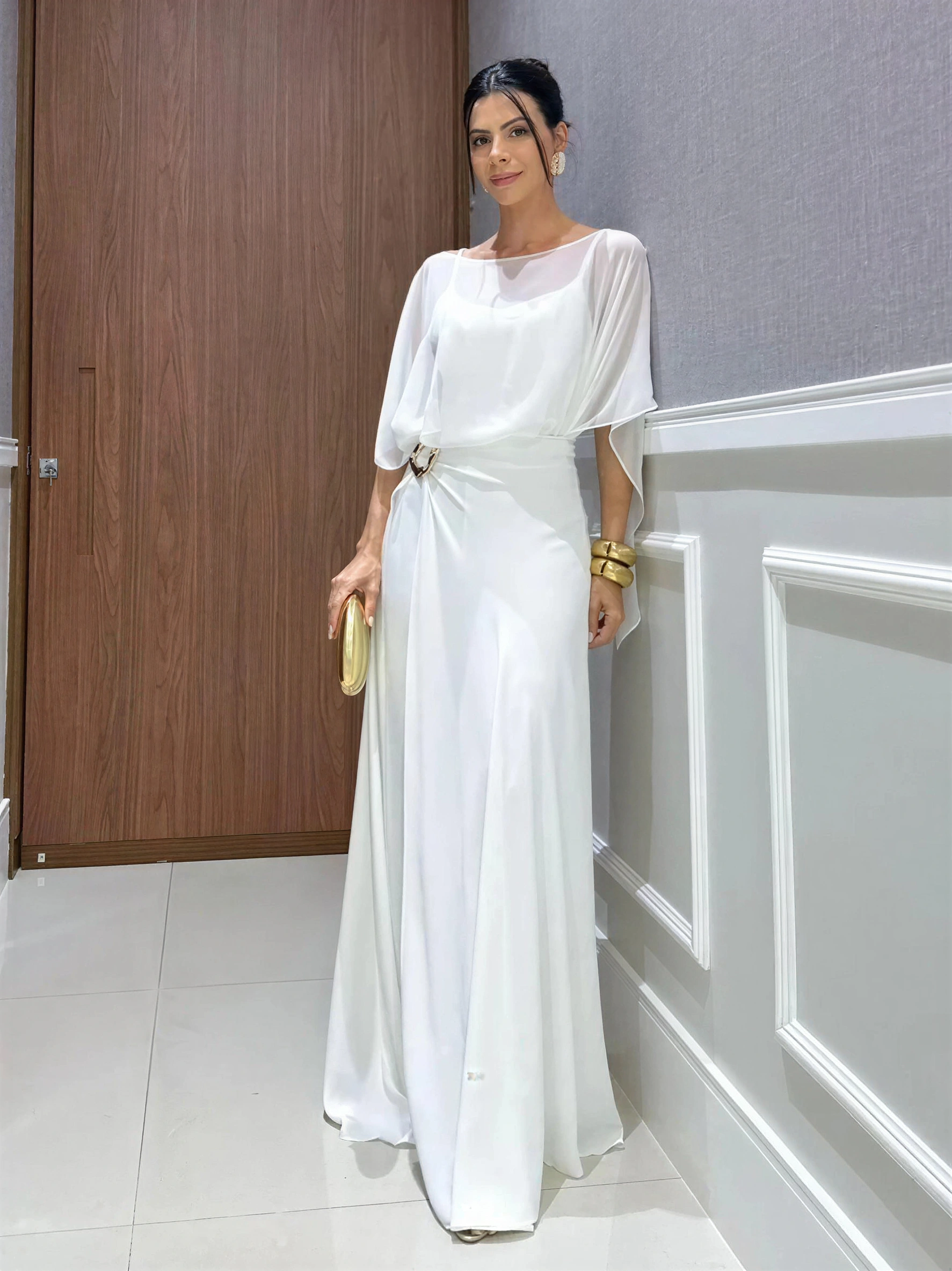 Elegant Cape Top and Draped Skirt-Pant Set
