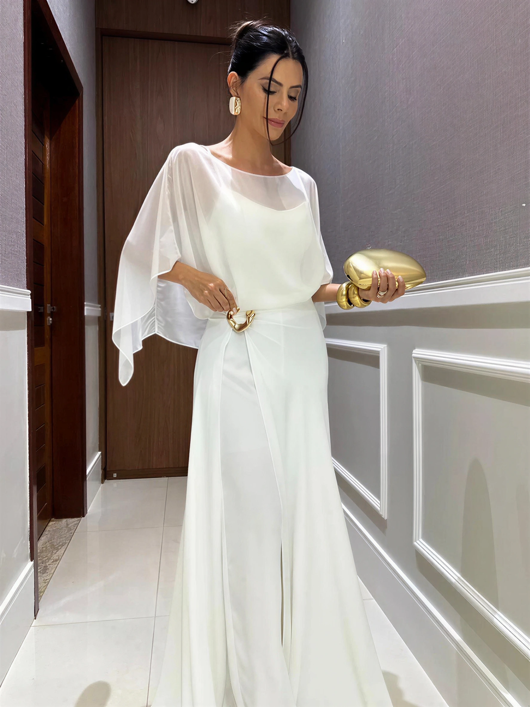 Elegant Cape Top and Draped Skirt-Pant Set