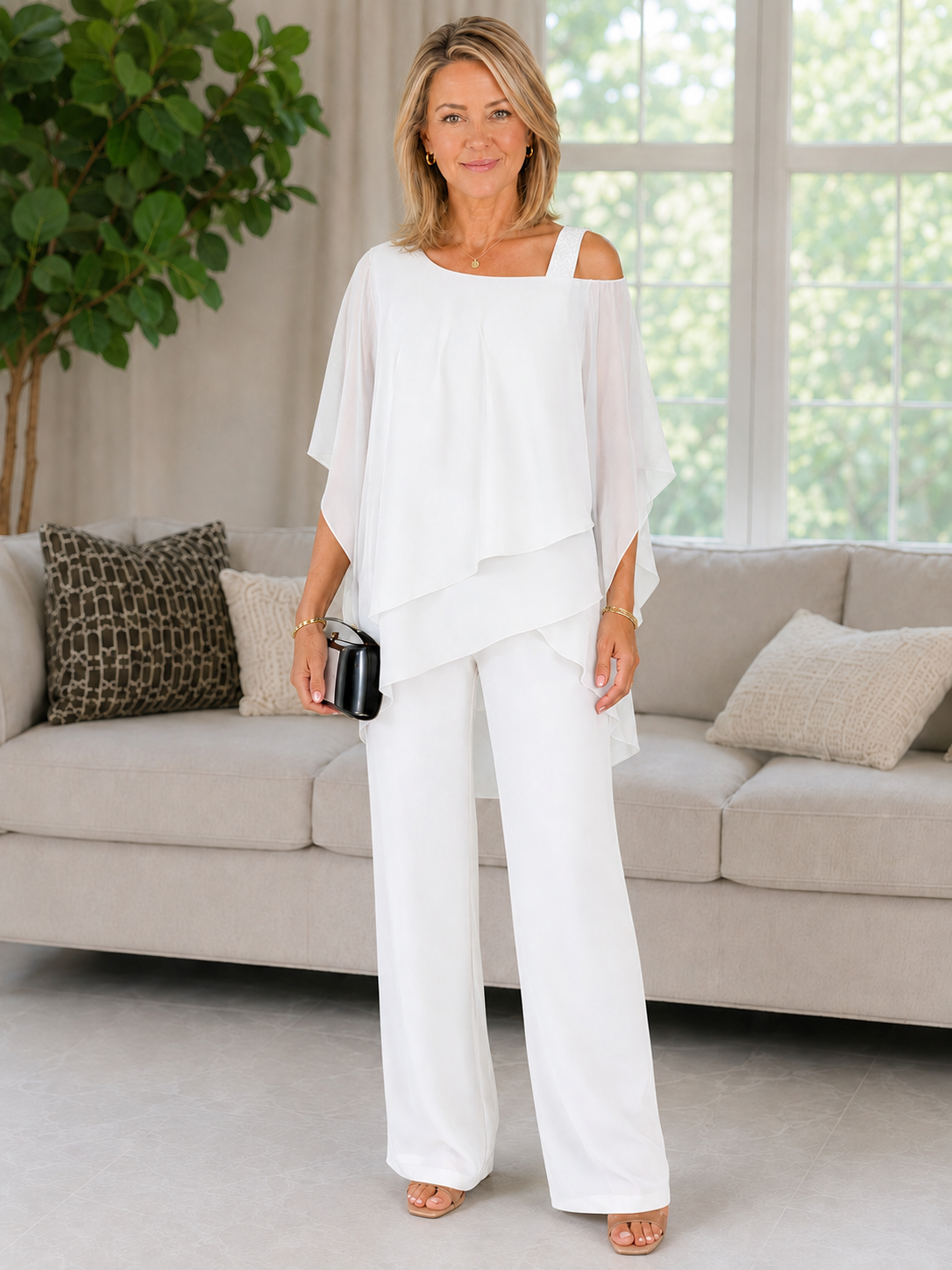 Elegant Asymmetrical Layered Cape Top & Wide-Leg Pants Two-Piece Set
