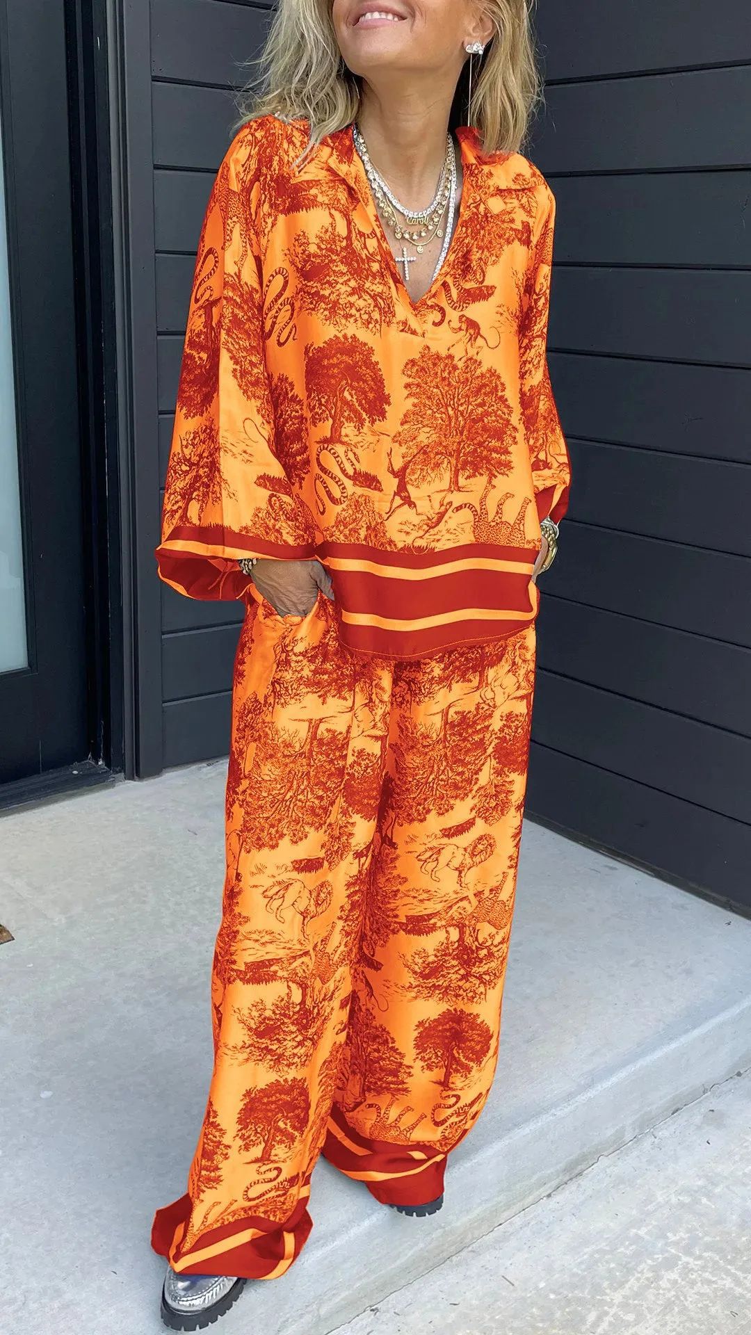 Printed Matching Set with Relaxed Shirt and Wide-Leg Pants