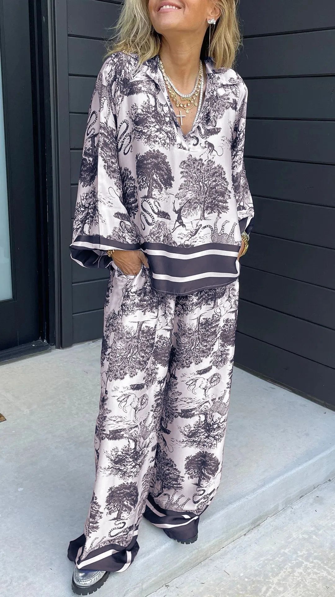 Printed Matching Set with Relaxed Shirt and Wide-Leg Pants