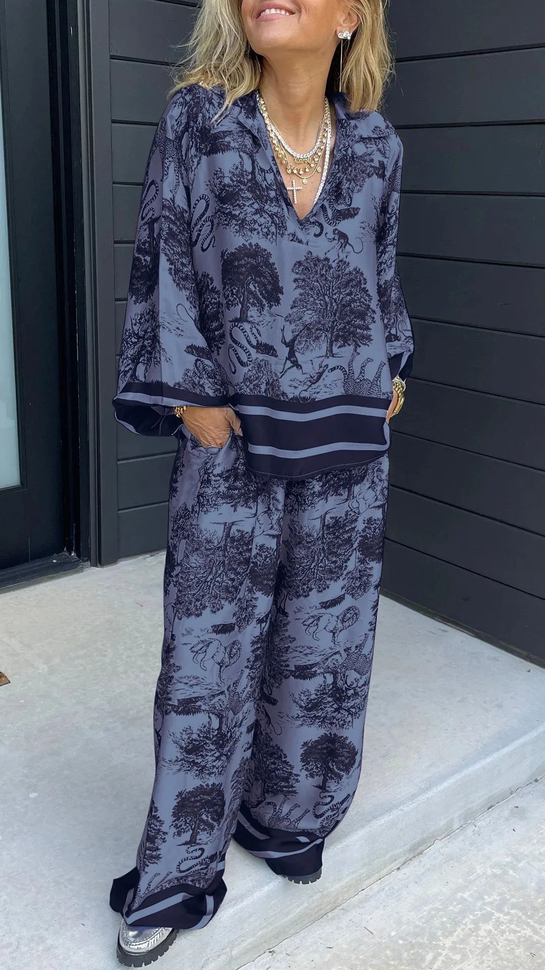 Printed Matching Set with Relaxed Shirt and Wide-Leg Pants
