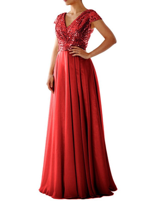 Sequin Cap Sleeve Maxi Chiffon Evening Dress