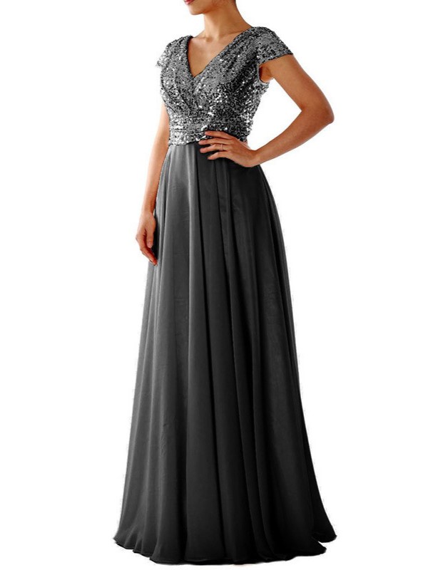 Sequin Cap Sleeve Maxi Chiffon Evening Dress