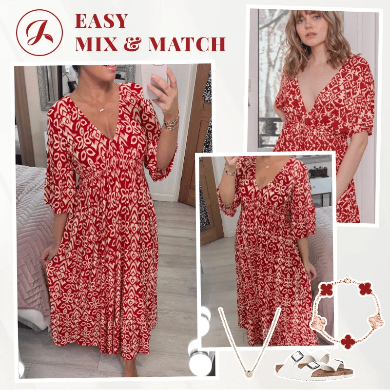 Last Day Promotion❤️Bohemian Casual Print V-neck Shirred Dress(Buy 2 Free Shipping)