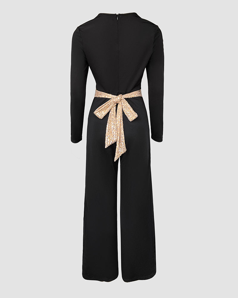 Elegant Sequin Trim Wide-Leg Jumpsuit with Belted Waist (Buy 2 Free Shipping)