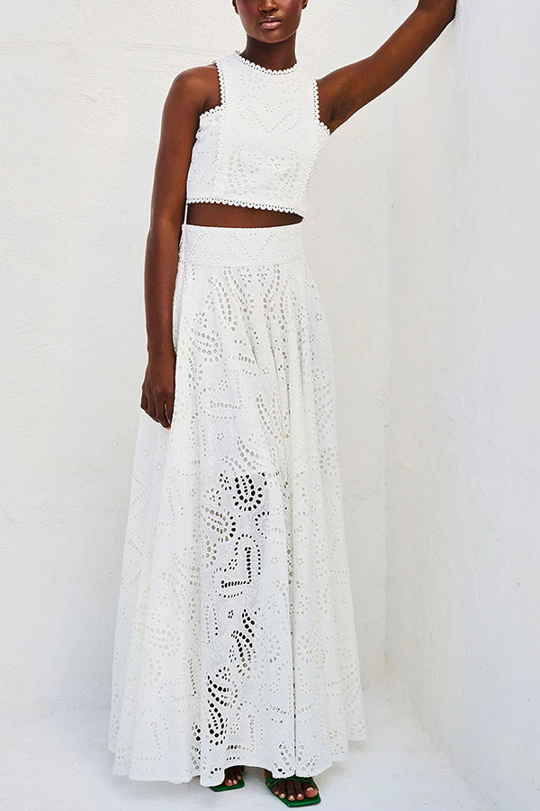 Paris Dreaming Embroidered Lace High Rise Pocketed Maxi Skirt and Crop Tank Top(Buy 2 Free Shipping)