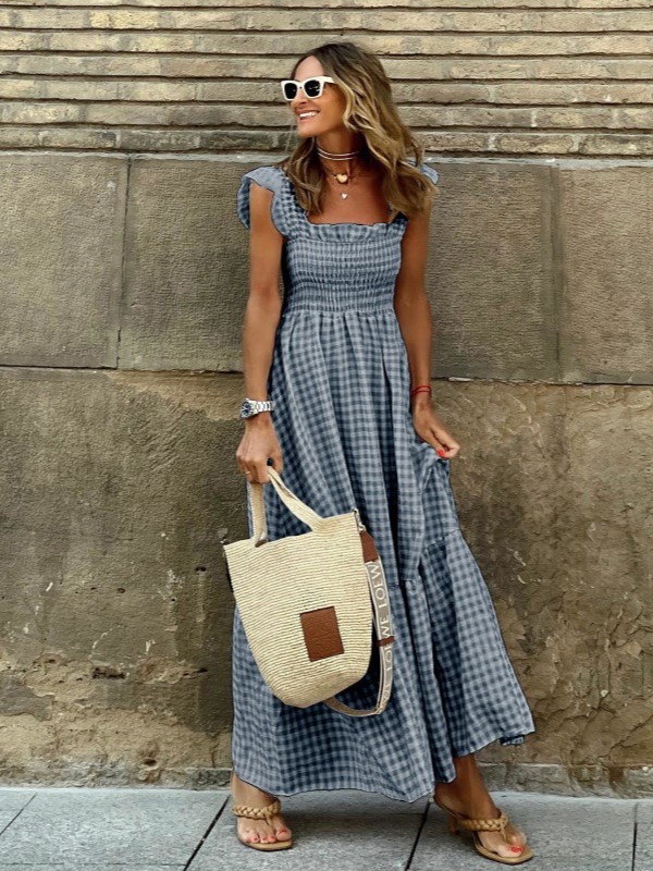 Flowy Smocked Gingham Square-Neck Maxi Dress