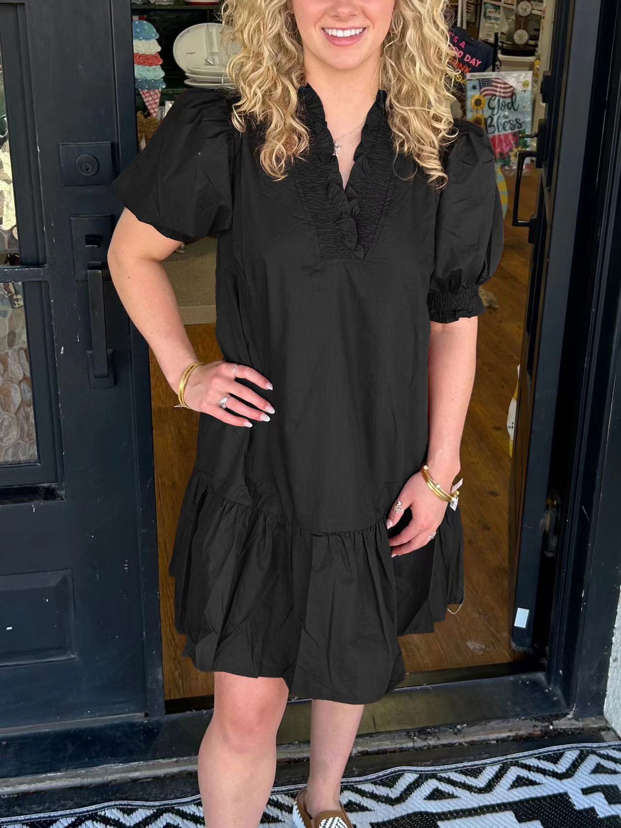 Ruffle V-Neck Puff Sleeve Dress (Buy 2 Free Shipping)