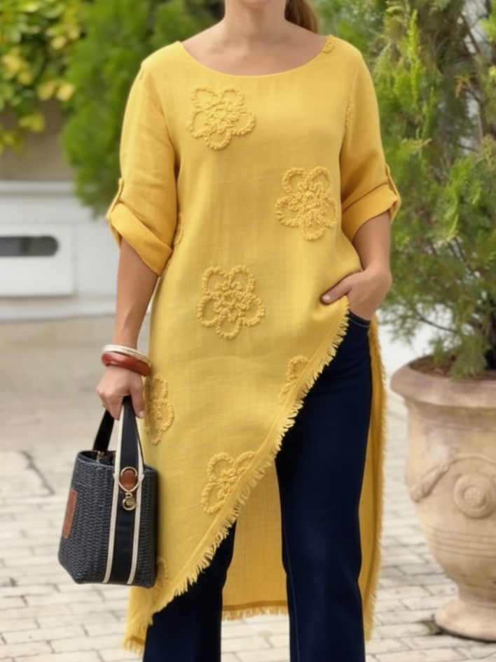 Elegant Floral Applique Asymmetric Hem Longline Tunic Top