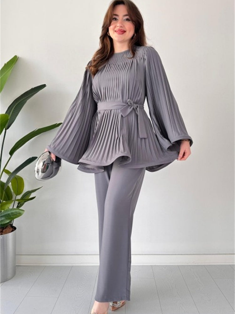 Pleated Bell Sleeve Top and Wide-Leg Pants Two Piece Set (Buy 2 Free Shipping)