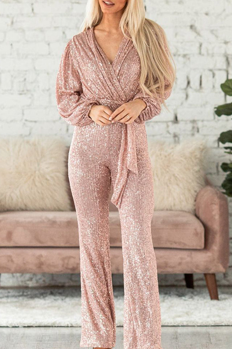 Sequins V Neck Regular Jumpsuits (Buy 2 Free Shipping)
