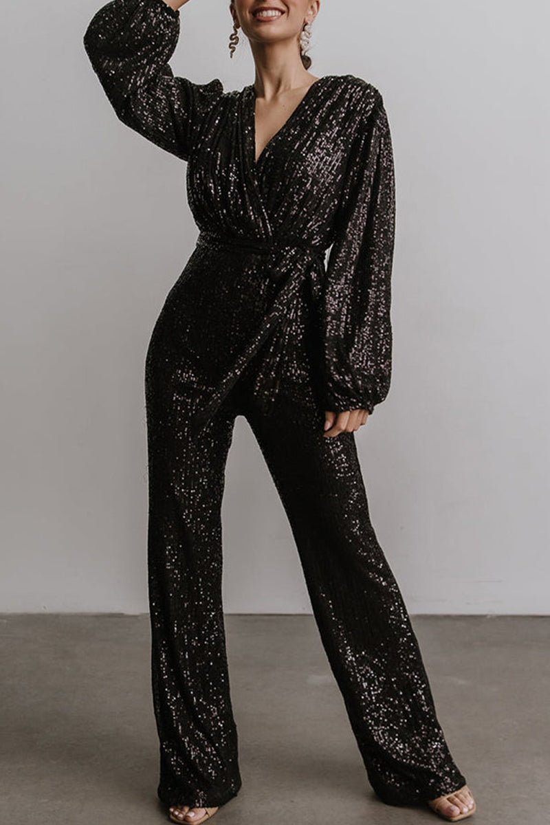 Sequins V Neck Regular Jumpsuits (Buy 2 Free Shipping)