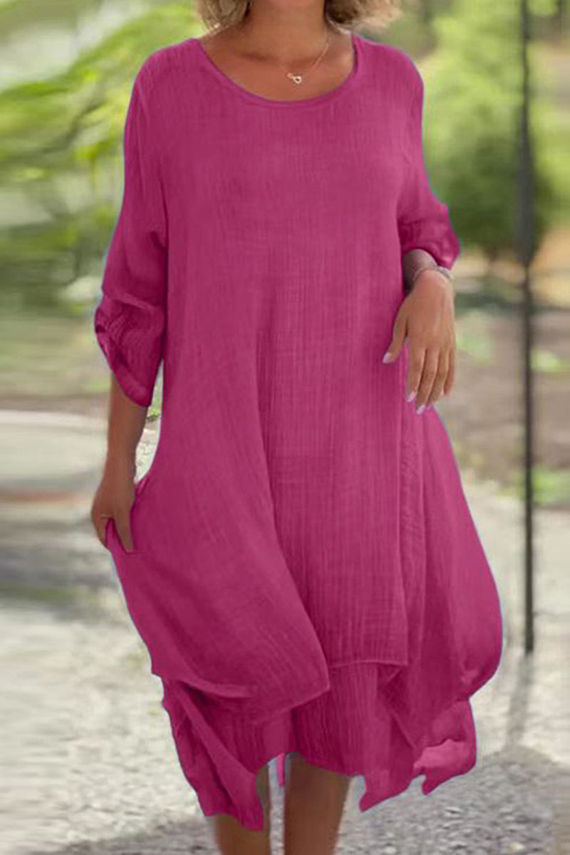 Flowy Textured Layered Hem Dress with Convertible Sleeves