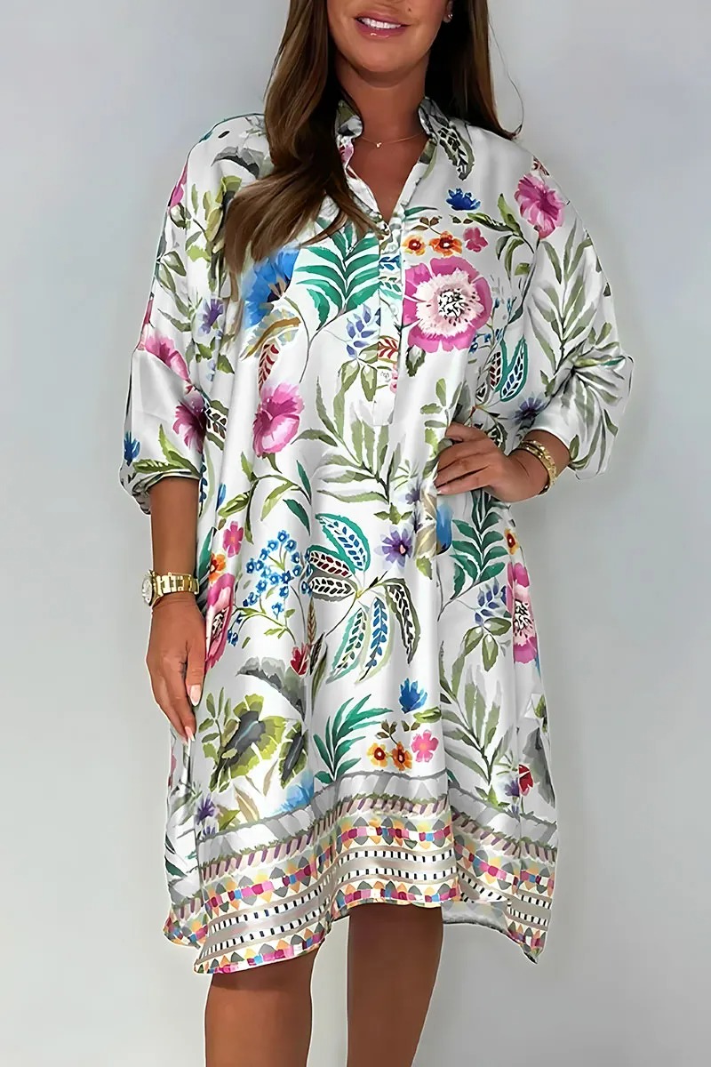 Vintage Floral Satin Loose Fit Shirt Dress (Buy 2 Free Shipping)