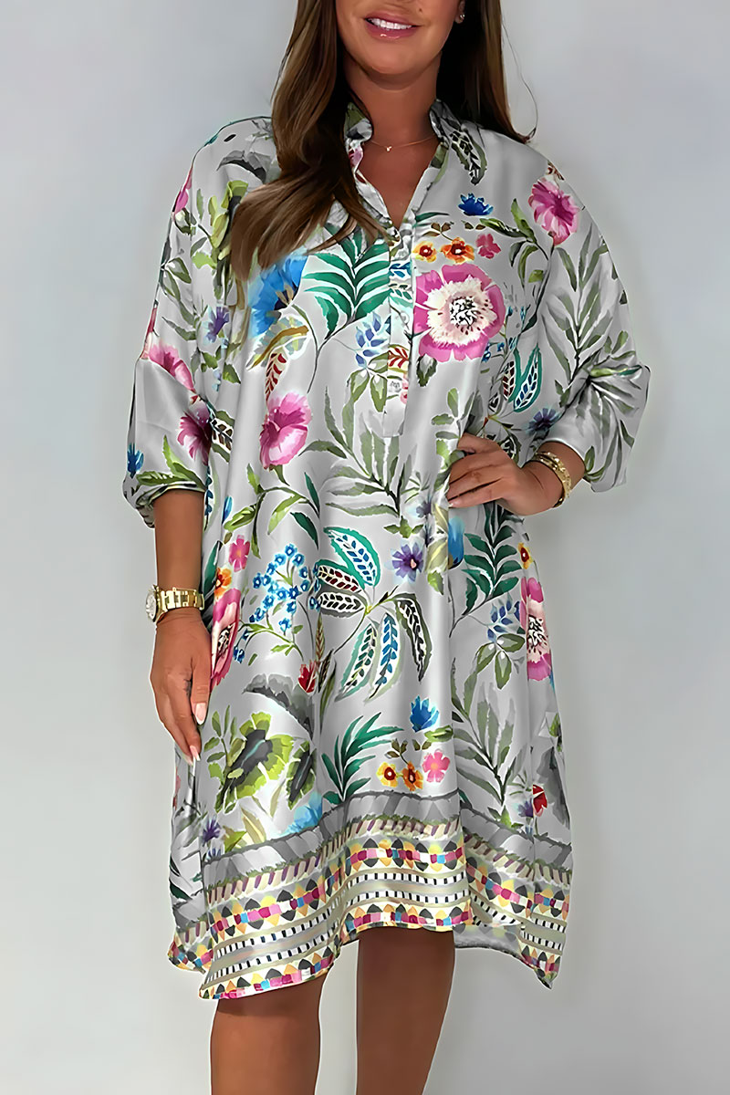 Vintage Floral Satin Loose Fit Shirt Dress (Buy 2 Free Shipping)