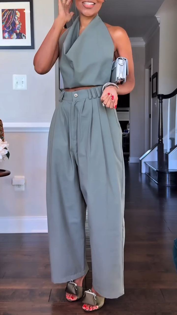 Elegant Halter Drape Top High Waist Pleated Wide Leg Set (Buy 2 Free Shipping)