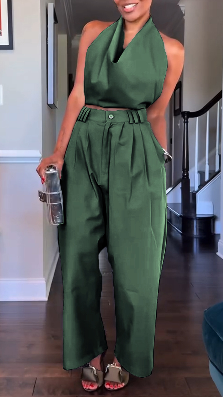 Elegant Halter Drape Top High Waist Pleated Wide Leg Set (Buy 2 Free Shipping)