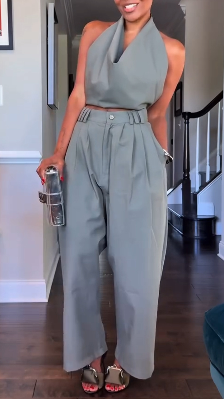 Elegant Halter Drape Top High Waist Pleated Wide Leg Set (Buy 2 Free Shipping)