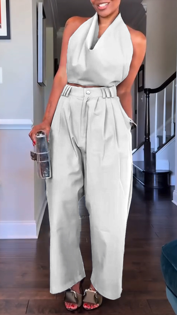 Elegant Halter Drape Top High Waist Pleated Wide Leg Set (Buy 2 Free Shipping)