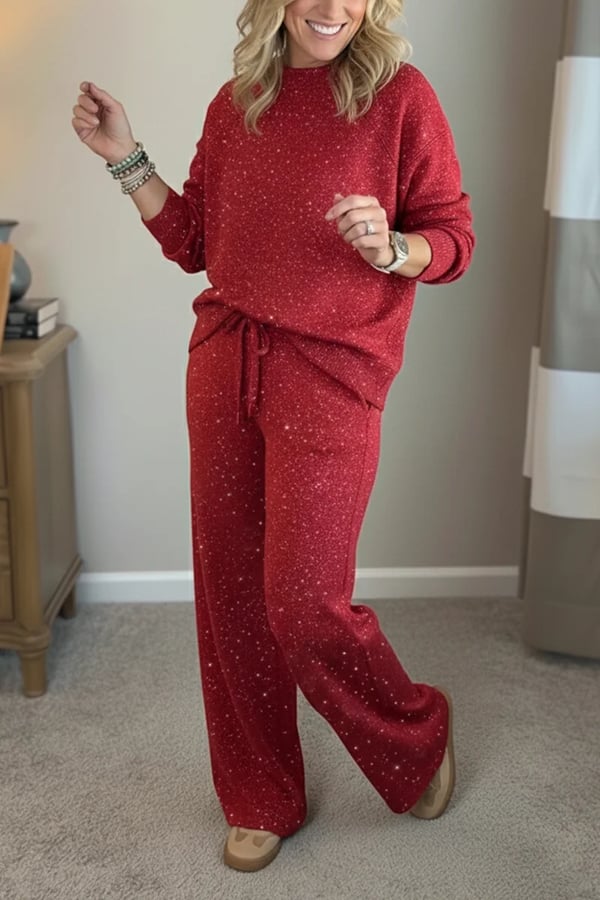 Cozy Sparkle Knit Top and Drawstring Pants Set (Buy 2 Free Shipping)