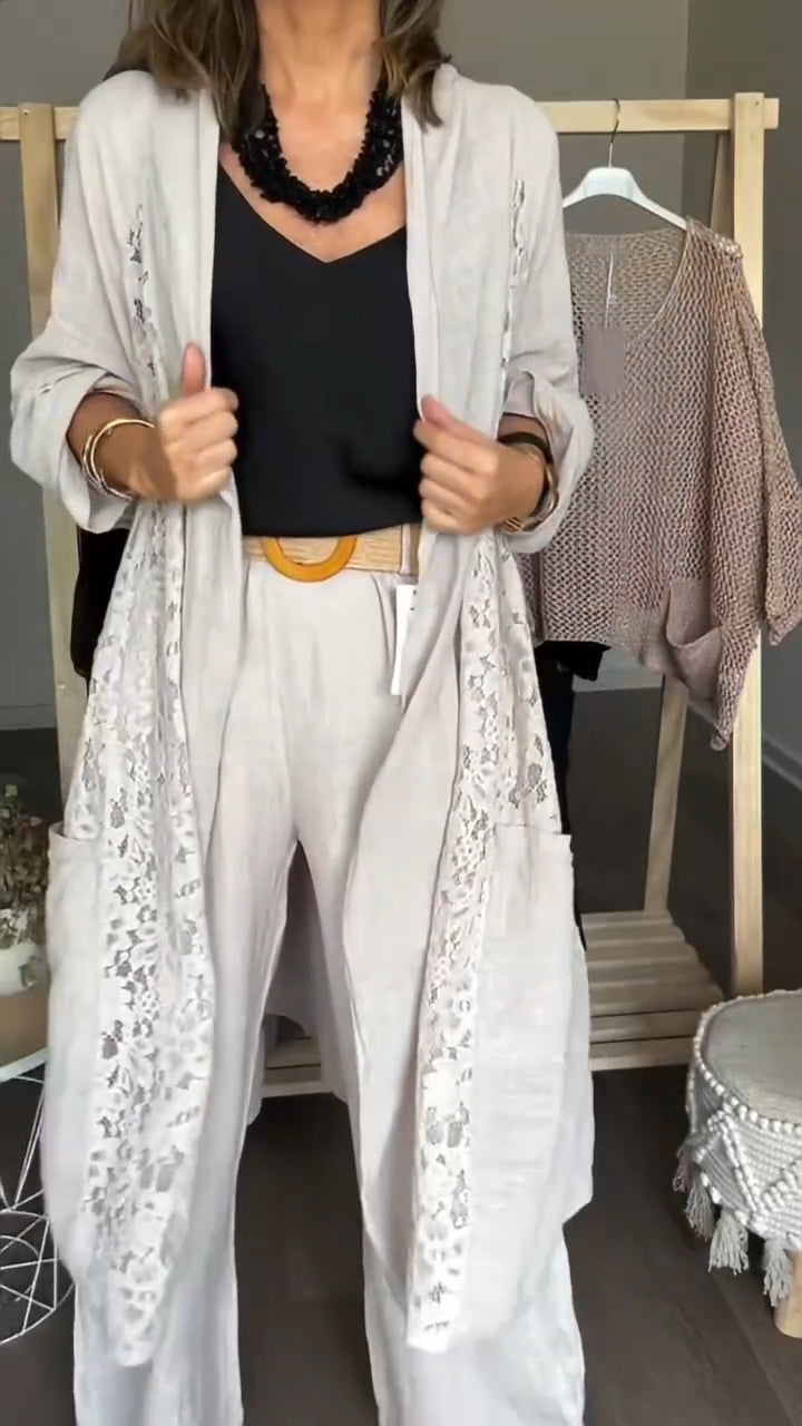 Womens Long Patterned Openwork Cardigan + Trousers Casual Set
