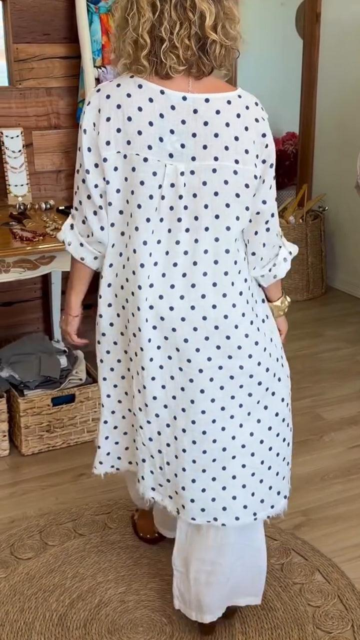 Elegant Polka Dot Asymmetric Tunic and Wide Leg Pants Set