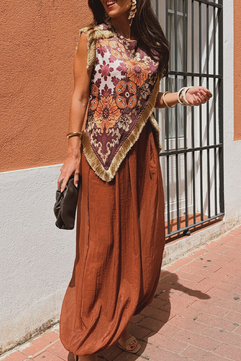 Boho Floral Fringe Trim Sleeveless Top
