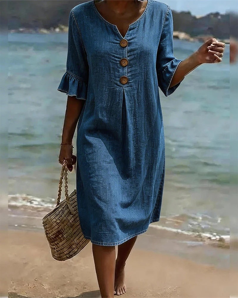 Relaxed Button Detail Ruffle Sleeve Midi dress