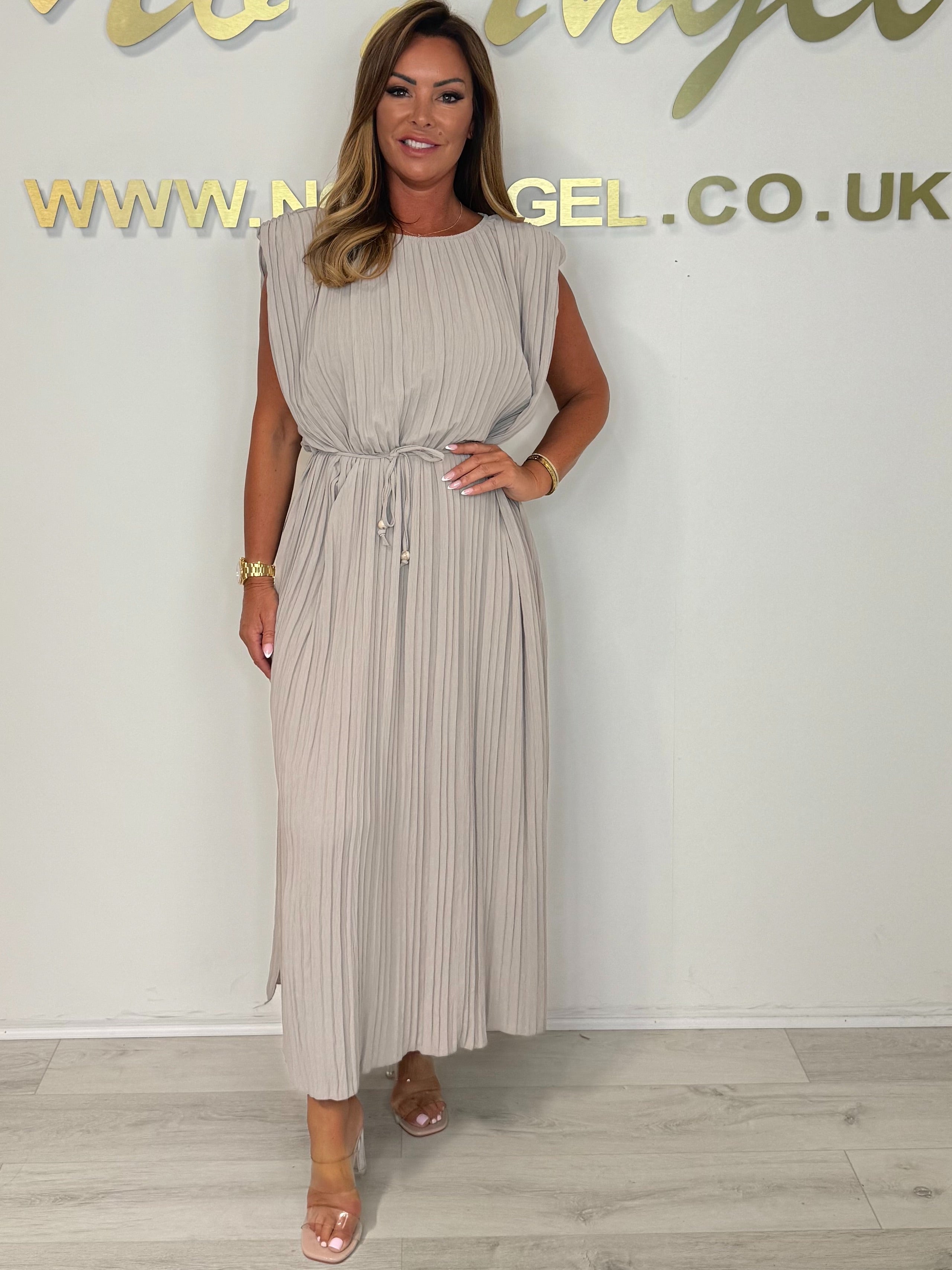 Pleated Tie Waist Midi Dress (Buy 2 Free Shipping)