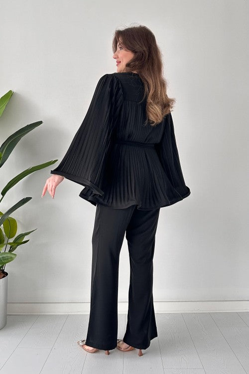 Pleated Bell Sleeve Top and Wide-Leg Pants Two Piece Set (Buy 2 Free Shipping)