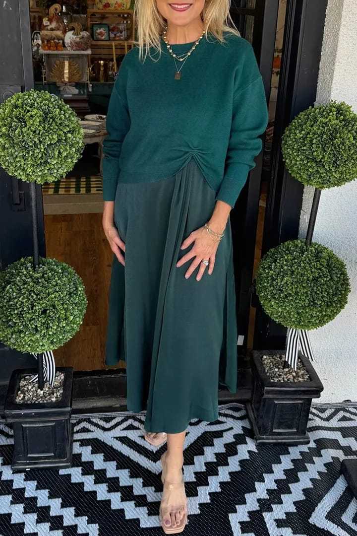 2025 European And American Style Cross-Border Women'S Clothing Independent Station Autumn And Winter Solid Color Round Neck Knitted Pleated Long-Sleeved Skirt Suit 2-Piece Set