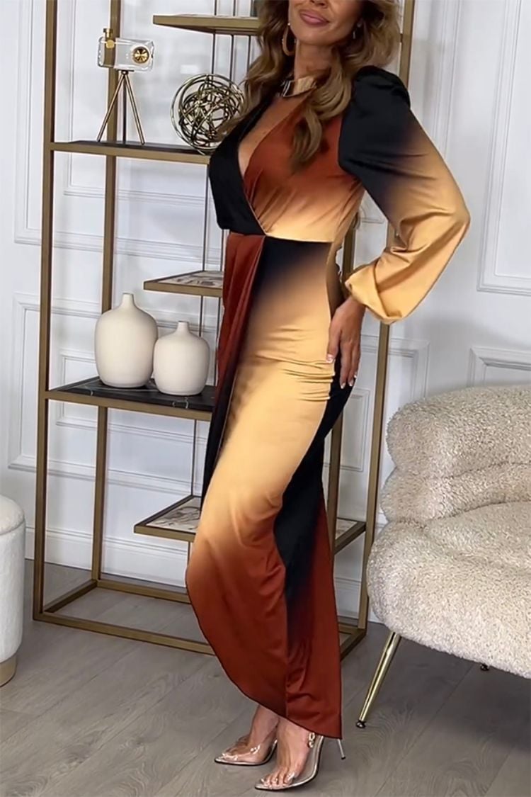 V-neck Long Sleeve Gradient Print Dress (Buy 2 Free Shipping)