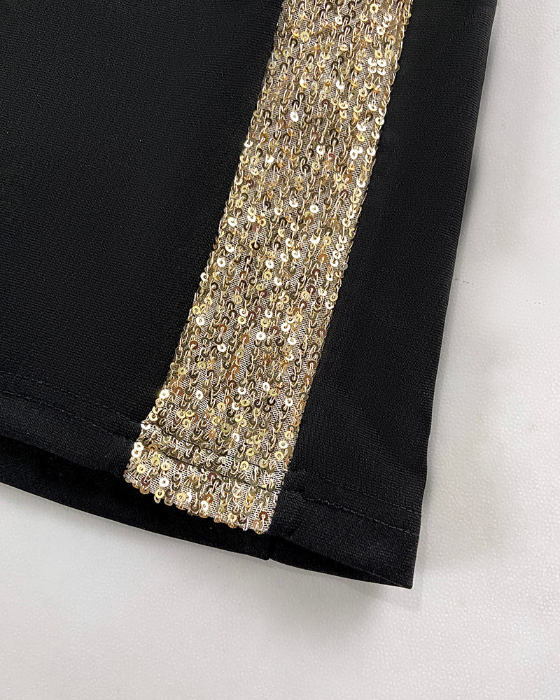 Elegant Sequin Trim Wide-Leg Jumpsuit with Belted Waist (Buy 2 Free Shipping)