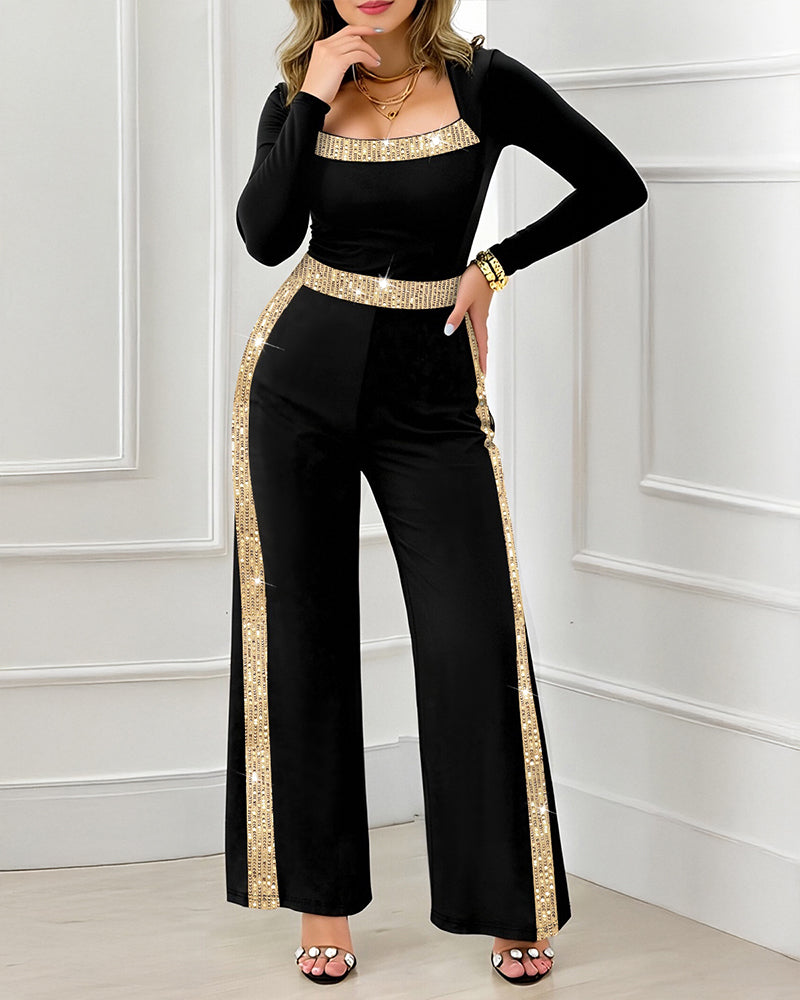 Elegant Sequin Trim Wide-Leg Jumpsuit with Belted Waist (Buy 2 Free Shipping)