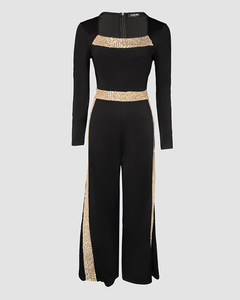 Elegant Sequin Trim Wide-Leg Jumpsuit with Belted Waist (Buy 2 Free Shipping)