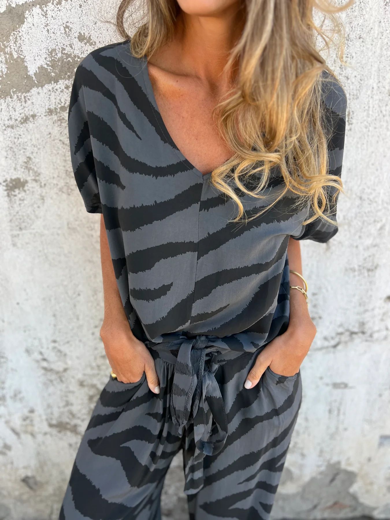 Relaxed Zebra Print V-Neck Tie Waist Two-Piece Set