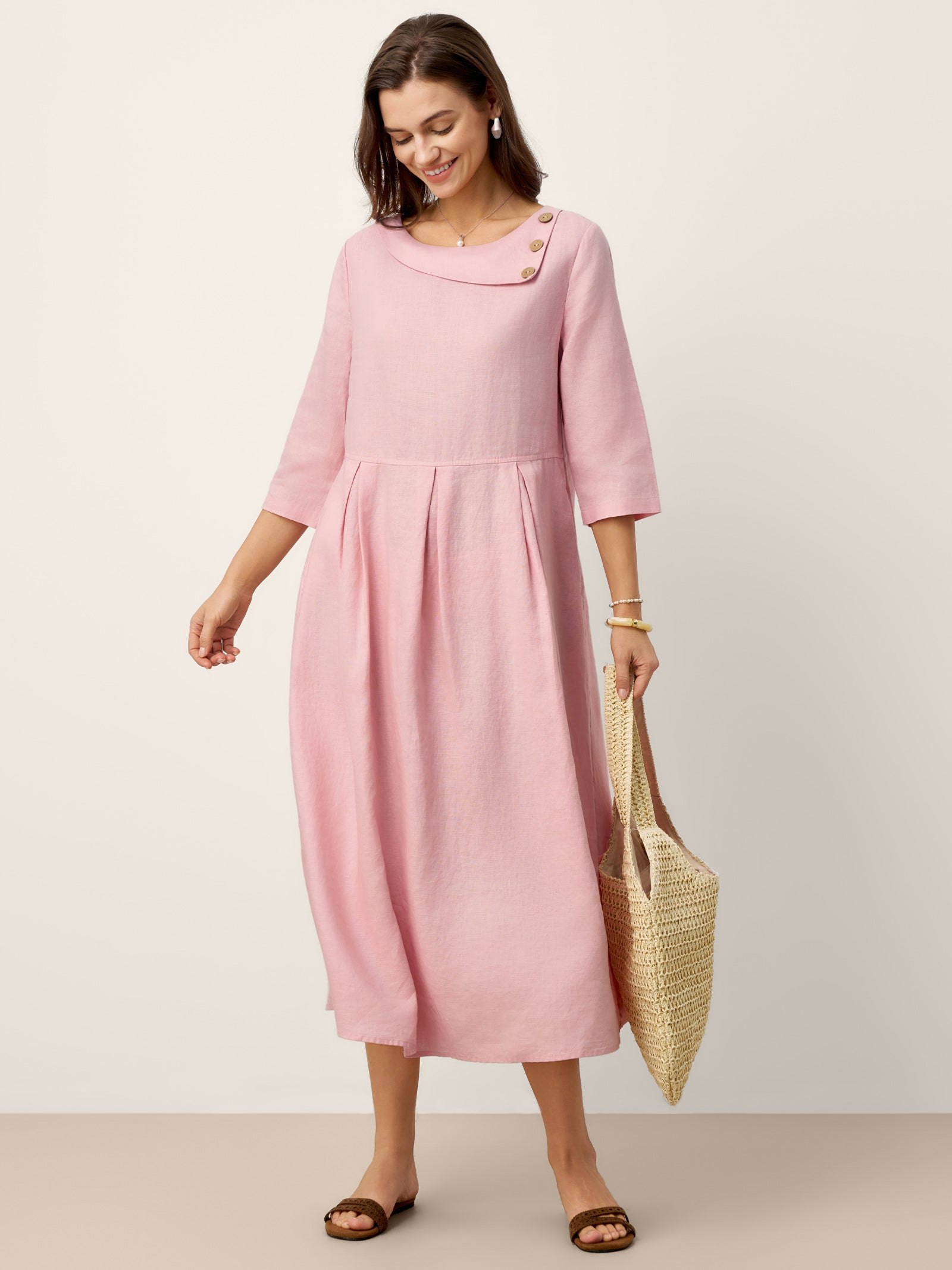 Elegant Button Detail Pleated Midi Dress (Buy 2 Free Shipping)