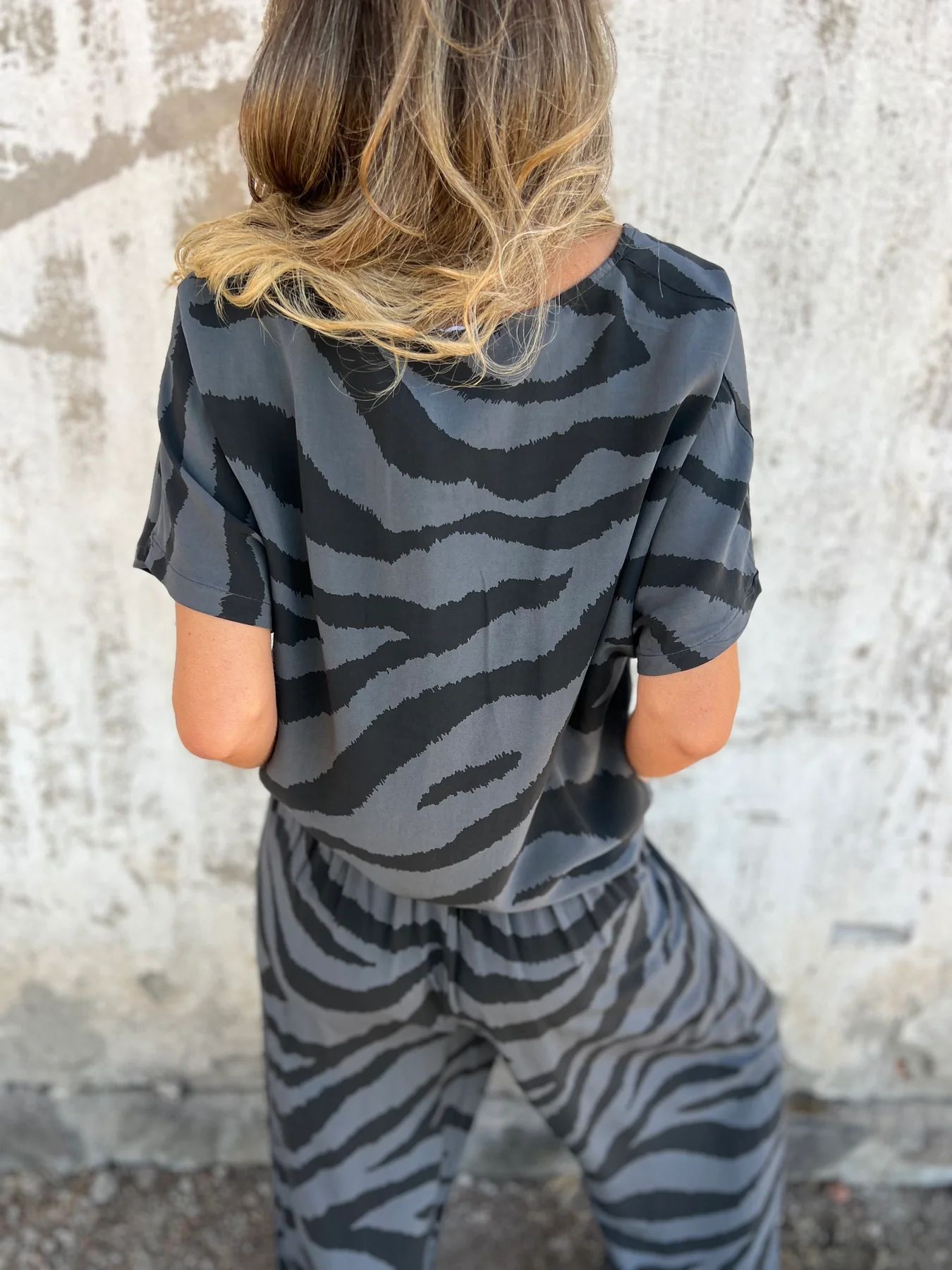 Relaxed Zebra Print V-Neck Tie Waist Two-Piece Set
