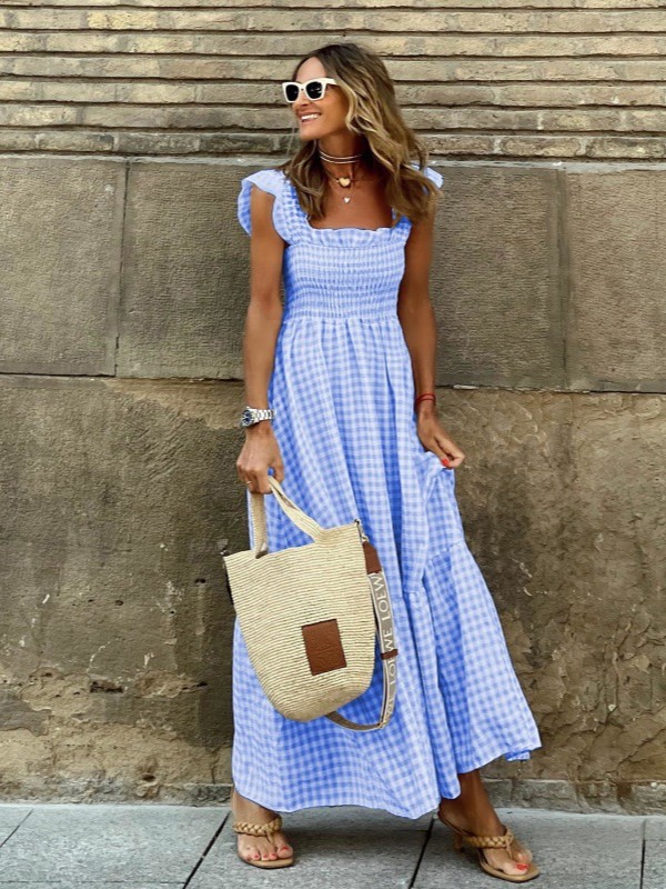 Flowy Smocked Gingham Square-Neck Maxi Dress