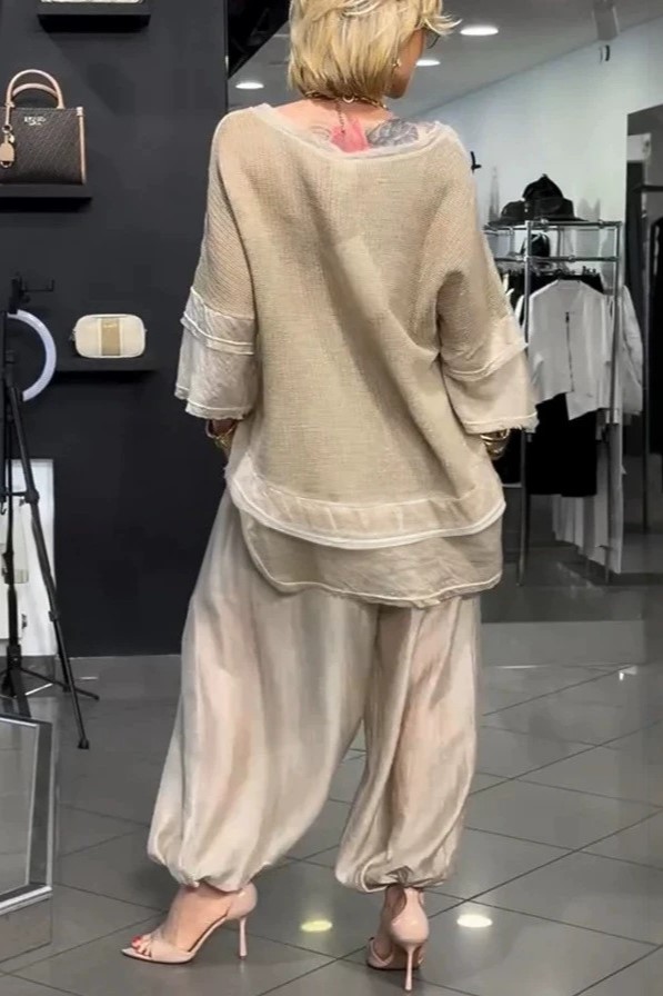 Relaxed Textured Layered Top and Balloon Pants Two-Piece Set