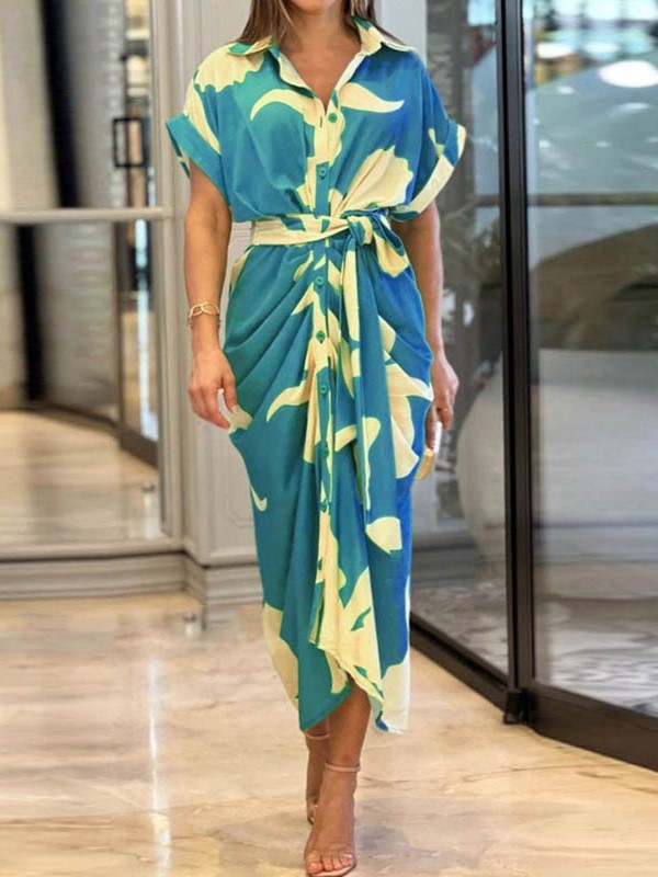 Printed Button-Down Maxi Dress with Waist Tie